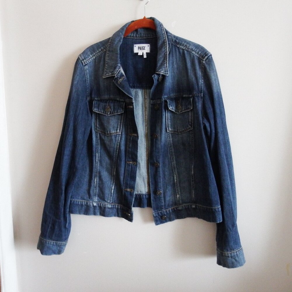 NWOT Paige Blue Denim Distressed Jacket L